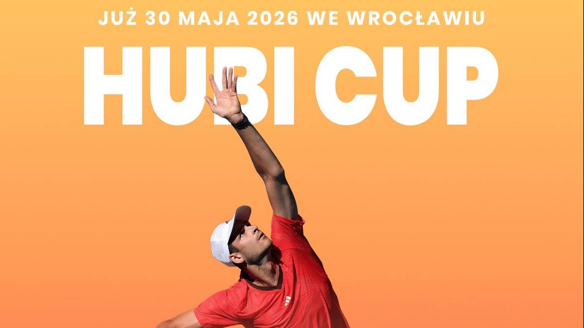 Plakat z wydarzenia tenisowego Hubi Cup, przedstawiający tenisistę podczas serwisu.
