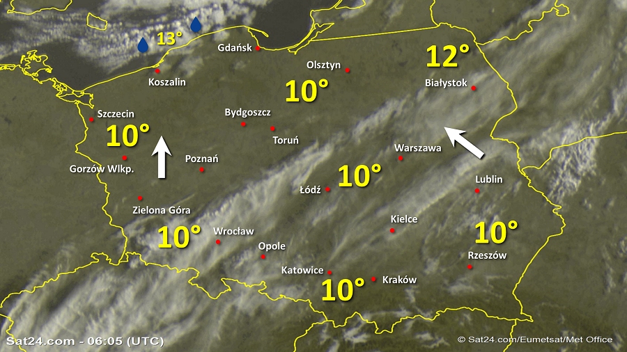 Zdjęcie satelitarne Polski w dniu 11 września 2019 o godzinie 8:05. Dane: Sat24.com / Eumetsat.