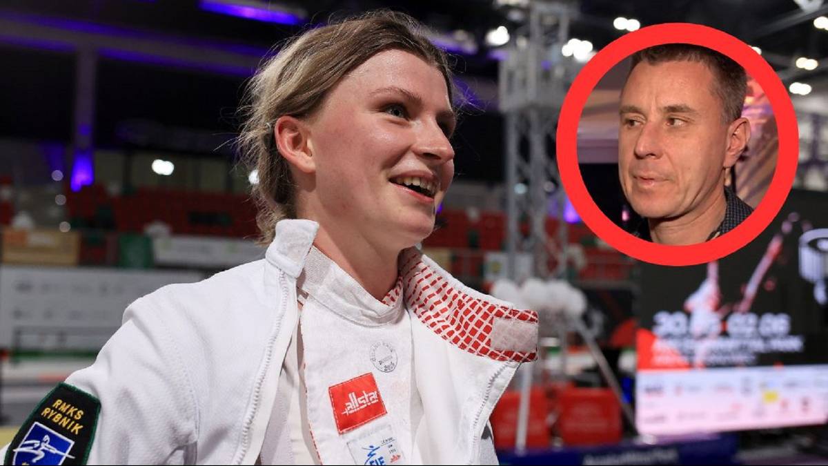 Szermierz na pierwszym planie, w tle portret mężczyzny w okręgu.