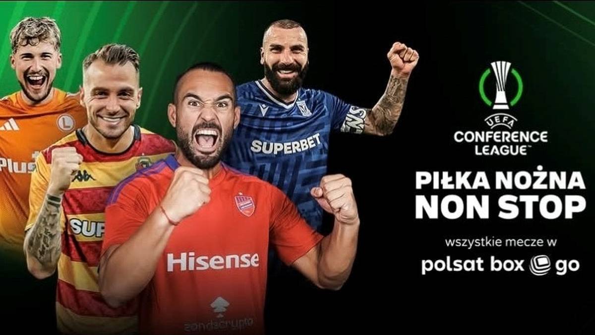 Czterech uśmiechniętych piłkarzy z League Conference, z hasłem "PIŁKA NOŻNA NON STOP" i logo Polsat Box Go.