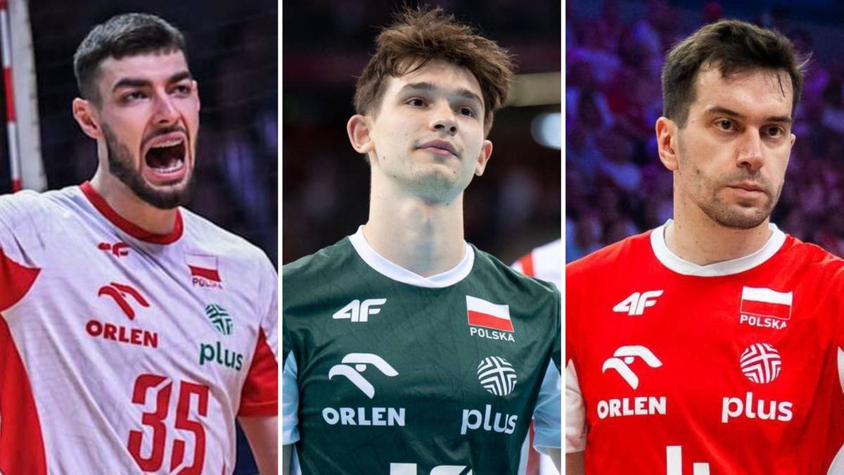 Trzech siatkarzy w strojach reprezentacji Polski.