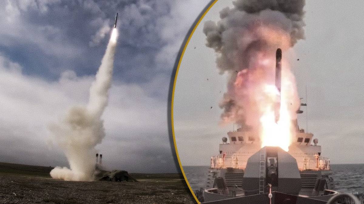 Dwa obrazy przedstawiające starty rakiet. Po lewej stronie rakieta startująca z wyrzutni naziemnej, po prawej rakieta wystrzeliwana z okrętu wojennego z towarzyszącym jej obłokiem dymu i ognia.