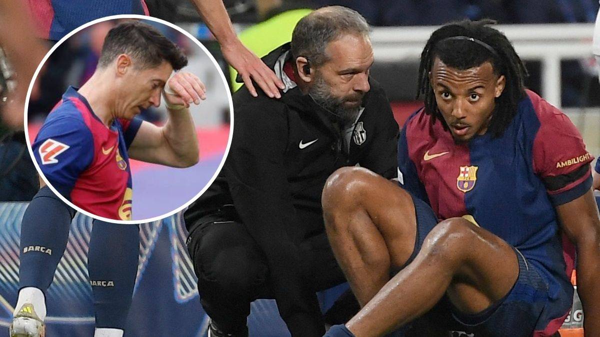 Robert Lewandowski w okręgu po lewej stronie. Po prawej zawodnik Barcelony z urazem na boisku, przy którym pochyla się sztab medyczny.