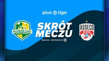 Logo Aluron CMC Warta Zawiercie i Asseco Resovia Rzeszów obok napisu SKRÓT MECZU na tle z falą.
