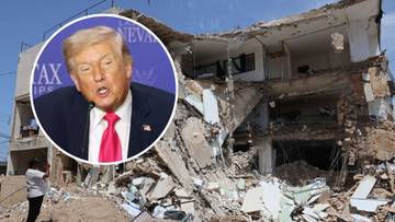 Zdjęcie przedstawia portret Donalda Trumpa obok zniszczonego budynku, sugerując jego zaangażowanie w kwestie międzynarodowe.