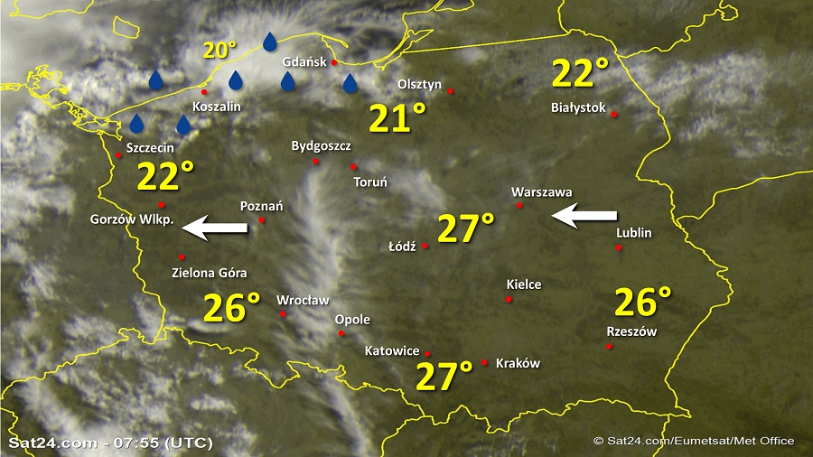 Zdjęcie satelitarne Polski w dniu 15 czerwca 2019 o godzinie 9:55. Dane: Sat24.com / Eumetsat.