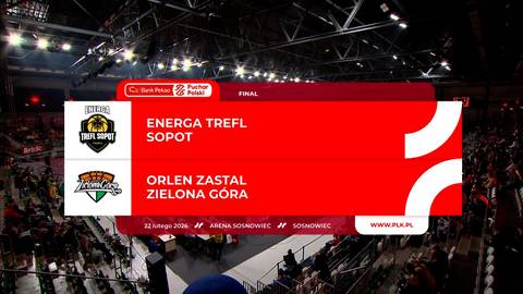 Wynik meczu koszyk&oacute;wki Energa Trefl Sopot - ORLEN Zastal Zielona G&oacute;ra. Na ekranie widnieją logotypy drużyn oraz ich nazwy.