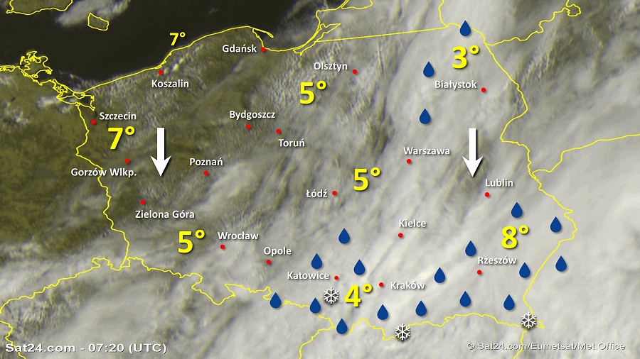 Zdjęcie satelitarne Polski w dniu 5 maja 2019 o godzinie 9:20. Dane: Sat24.com / Eumetsat.