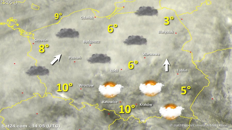 Zdjęcie satelitarne w dniu 25 stycznia 2018 o godzinie 15:05. Dane: Sat24.com / Eumetsat.