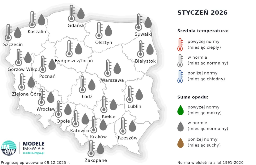 Styczeń 2026 w porównaniu do normy wieloletniej 1991-2020
