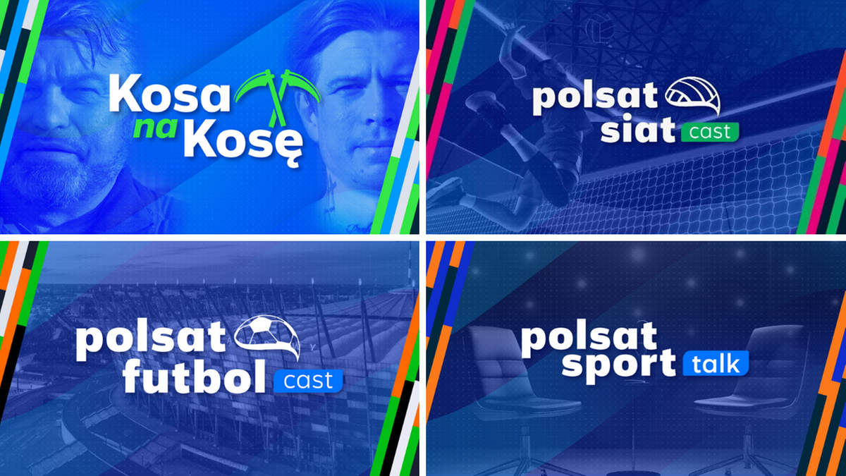 Cztery kolaże graficzne z nazwami programów "Kosa na Kosę", "Polsat Siat Cast", "Polsat Futbol Cast", "Polsat Sport Talk".