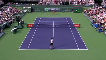 Kort tenisowy z zawodnikiem w centrum, trybunami pełnymi widz&oacute;w i bandami reklamowymi BNP Paribas.