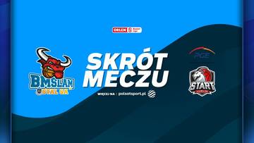 Grafika z napisem "SKR&Oacute;T MECZU" i logotypami drużyn koszykarskich Tasomix Rosiek Stal Ostr&oacute;w Wielkopolski oraz PGE Start Lublin.
