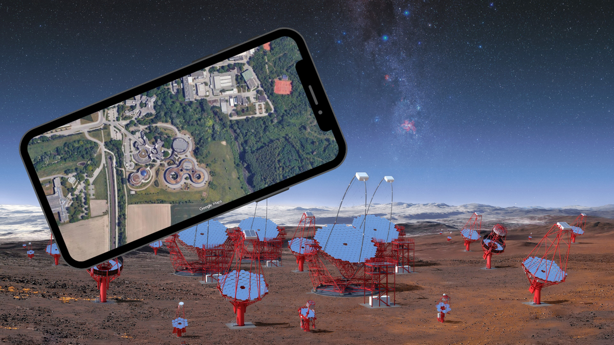 Wizualizacja przedstawiająca sieć teleskop&oacute;w Cherenkov Telescope Array Observatory (CTAO) na pustynnym terenie, z widokiem na mapę satelitarną w tle