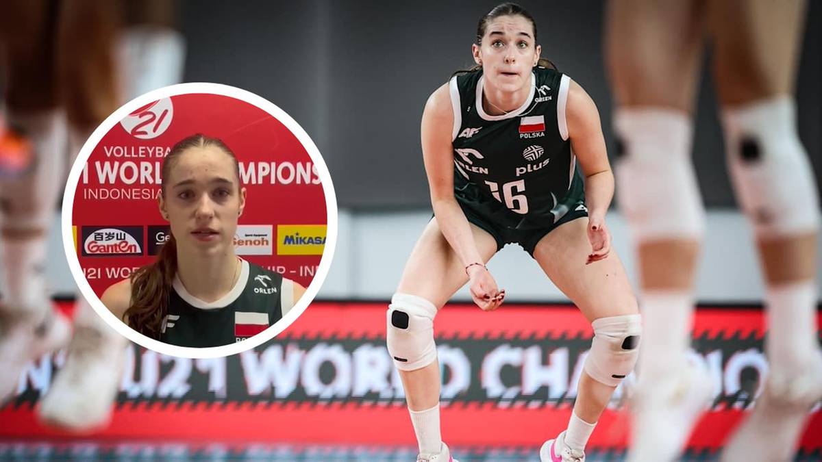 Sięgająca po piłkę młoda zawodniczka siatkówki w pozie gotowości, na pierwszym planie. Obok niej, w okręgu, ujęcie twarzy innej młodej kobiety.