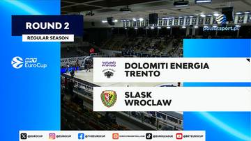 Grafika zapowiadająca mecz koszyk&oacute;wki EuroCup: Dolomiti Energia Trento kontra Śląsk Wrocław.