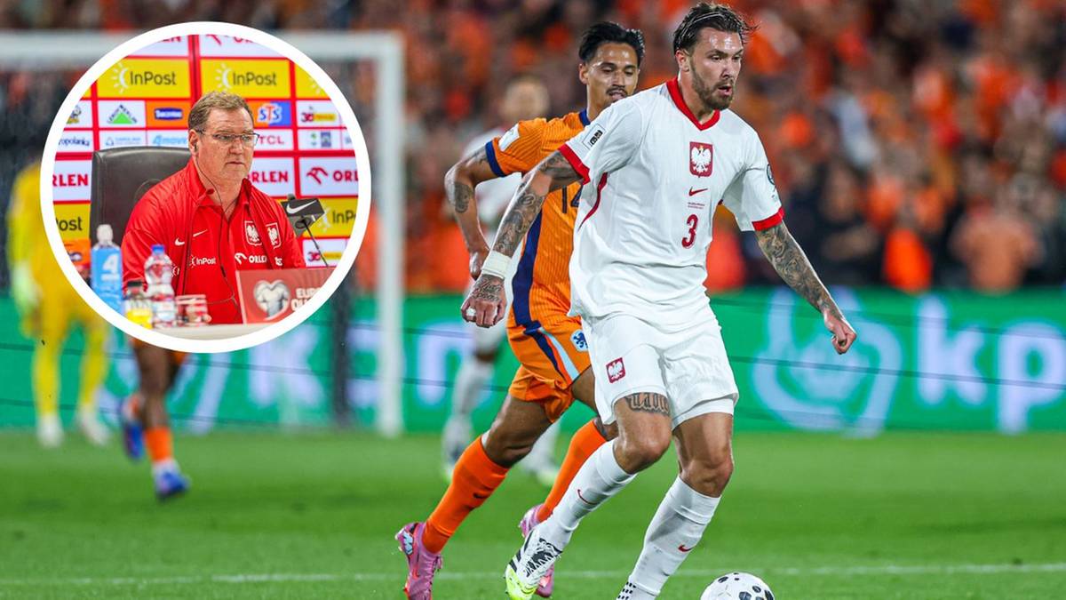 Piłkarz w białej koszulce reprezentacji Polski z numerem 3 na boisku, obok inny piłkarz w pomarańczowej koszulce. W lewym g&oacute;rnym rogu kołowy obrazek z trenerem w garniturze.