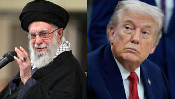 Ajatollah Ali Chamenei przemawia, a obok niego Donald Trump.