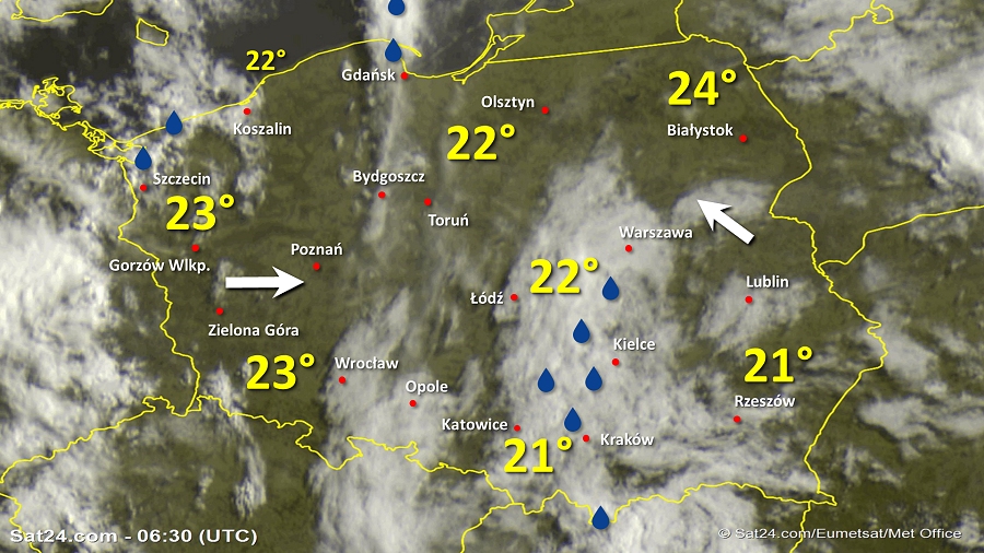 Zdjęcie satelitarne Polski w dniu 20 czerwca 2019 o godzinie 8:30. Dane: Sat24.com / Eumetsat.