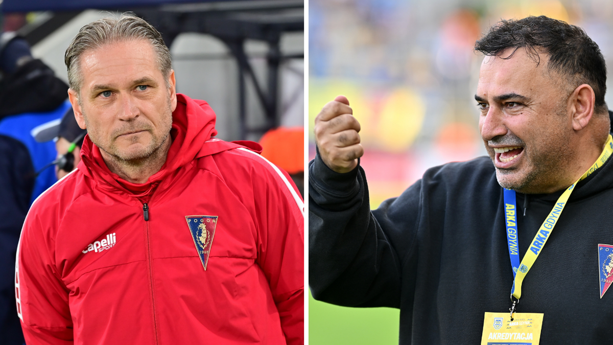 Dwaj mężczyźni w strojach sportowych, prawdopodobnie trenerzy piłkarscy, patrzą w r&oacute;żne strony.