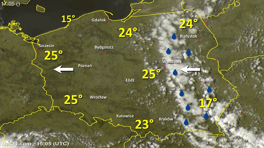 Zdjęcie satelitarne Polski w dniu 13 maja 2018 o godzinie 17:05. Dane: Sat24.com / Eumetsat.