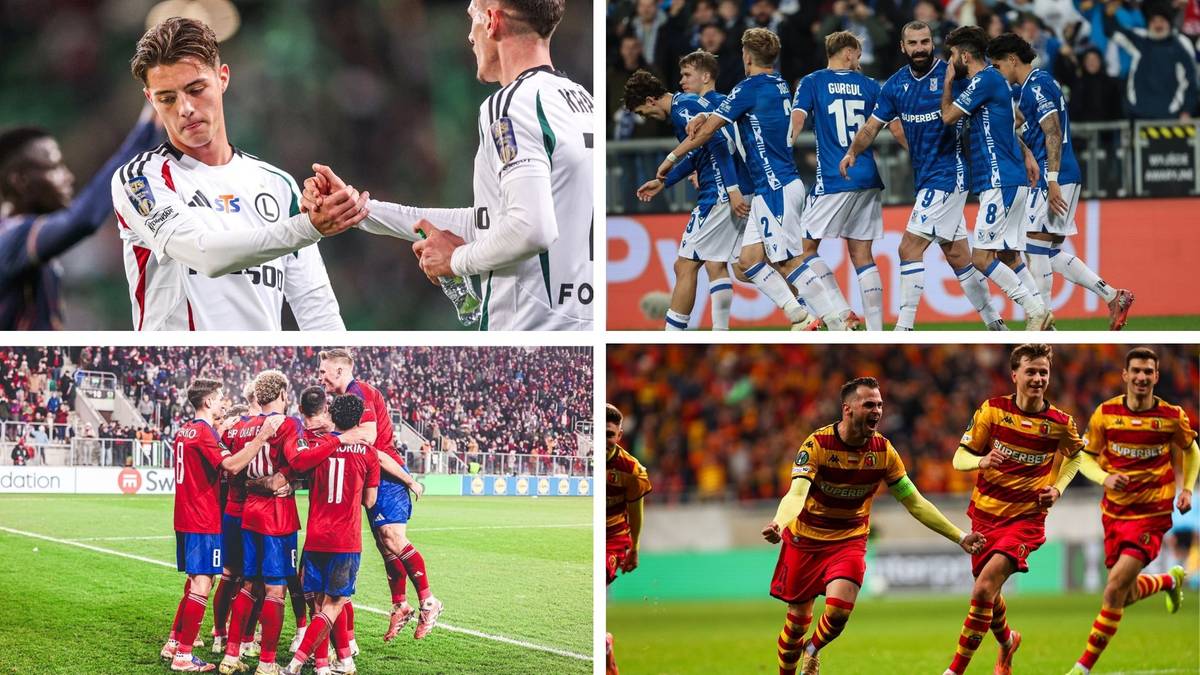 Cztery kolaże zdjęć piłkarskich przedstawiające zawodników w akcji.