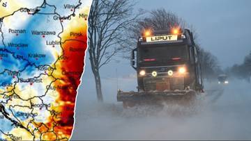 Mapa Polski z kolorowymi strefami temperatur obok zdjęcia pracującej odśnieżarki na zaśnieżonej drodze.