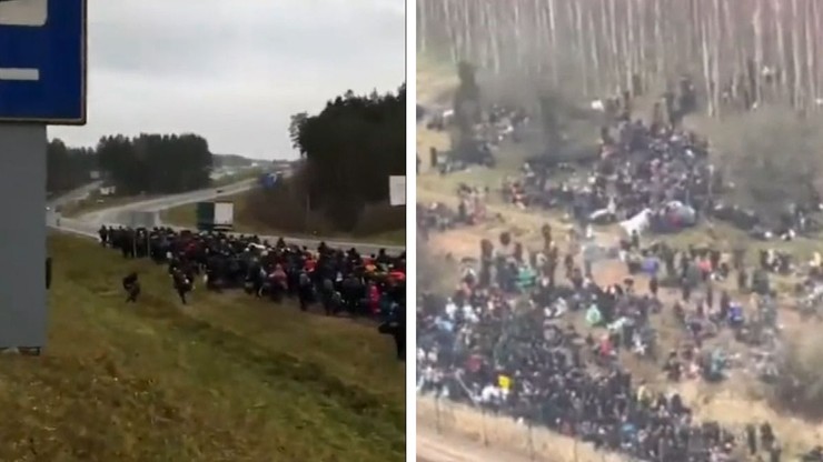 Granica polsko-białoruska. Migranci idą w stronę przejścia w Kuźnicy [WIDEO]