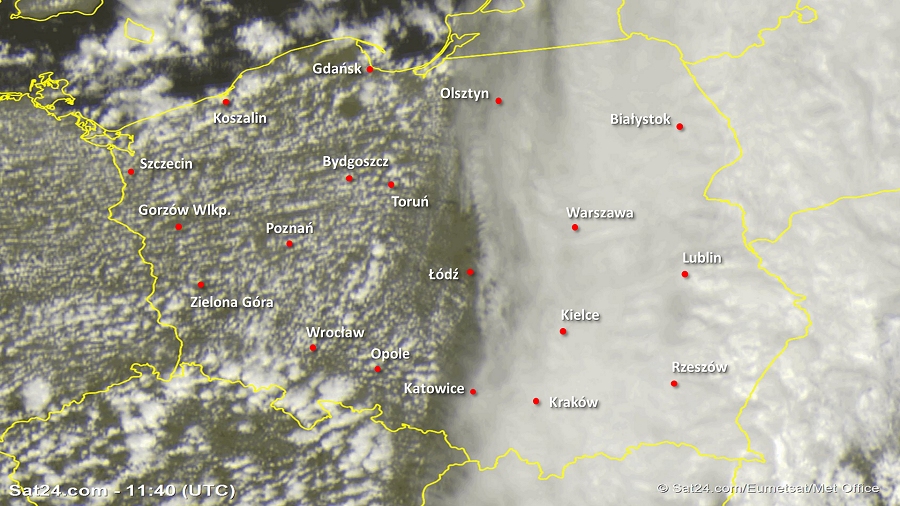 Zdjęcie satelitarne Polski w dniu 14 sierpnia 2019 o godzinie 13:40. Dane: Sat24.com / Eumetsat.