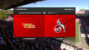 Ekran informacyjny meczu Bundesligi pomiędzy Union Berlin a 1. FC K&ouml;ln. Po lewej widnieje logo Union Berlin, po prawej logo 1. FC K&ouml;ln z kozłem.