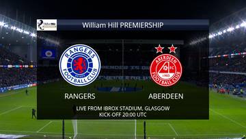 Wynik meczu piłkarskiego Rangers FC - Aberdeen FC, prezentujący logotypy obu drużyn, nazwy "RANGERS" i "ABERDEEN", informację o transmisji z Ibrox Stadium w Glasgow oraz godzinę rozpoczęcia 20:00 UTC.