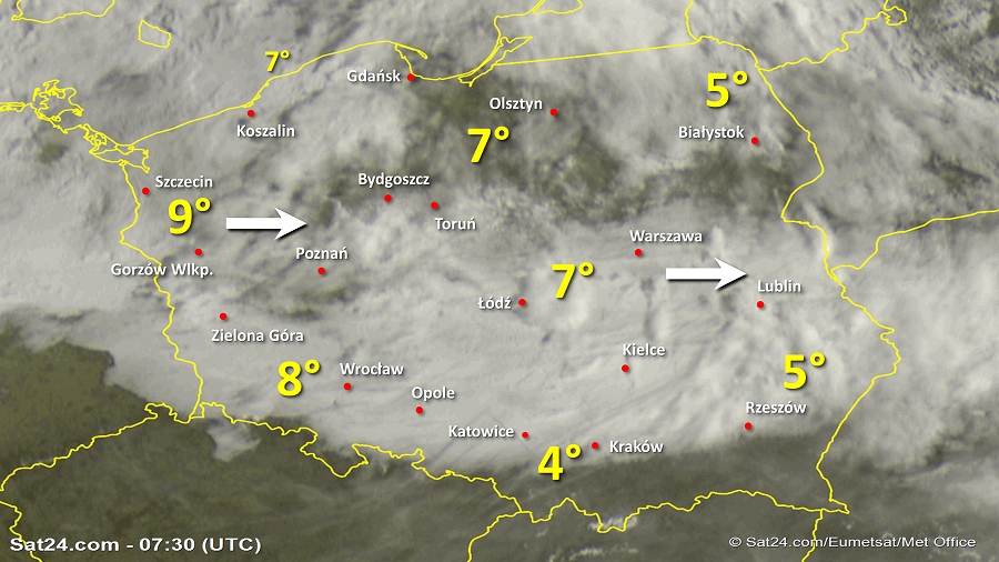 Zdjęcie satelitarne Polski w dniu 21 marca 2019 o godzinie 8:30. Dane: Sat24.com / Eumetsat.