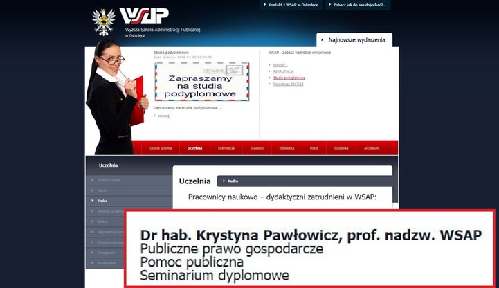 W czwartek wieczorem nazwisko poseł Pawłowicz nadal widniało na stronie Wyższej Szkoły Administracji 