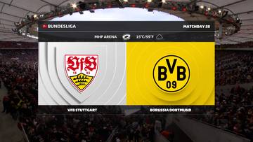 Plansza informacyjna przed meczem piłki nożnej Bundesligi pomiędzy VfB Stuttgart a Borussią Dortmund, z widocznymi herbami obu drużyn.