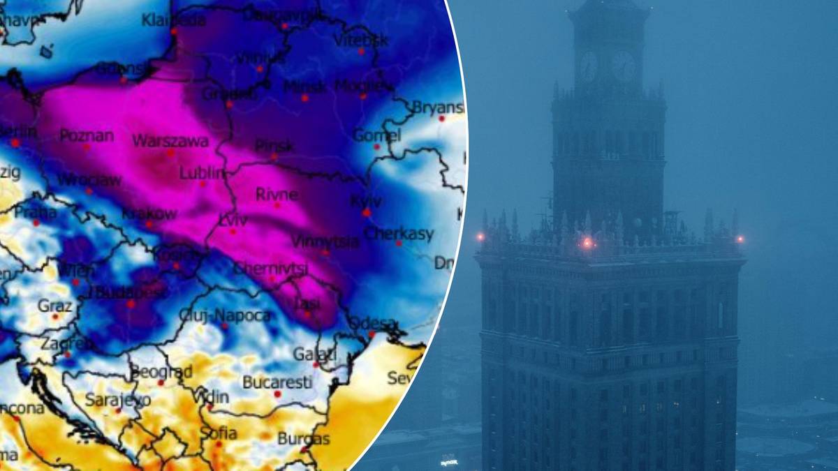 Mapa synoptyczna pokazująca obszary niskiego ciśnienia i prognozowane temperatury w Europie, obok zdjęcie Pałacu Kultury i Nauki w Warszawie podczas mglistej, zimowej nocy.