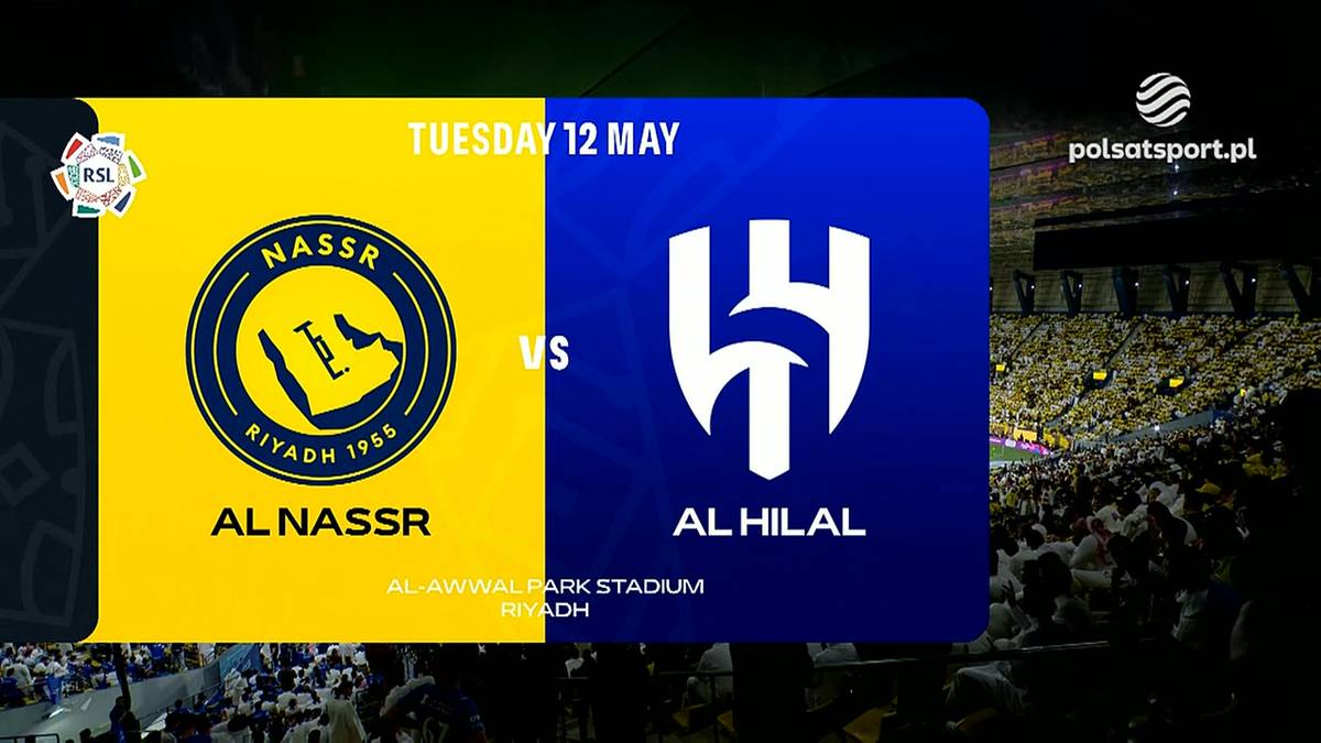 Zapowiedź meczu piłki nożnej Al-Nassr vs Al-Hilal, z logotypami obu drużyn i datą 12 maja.
