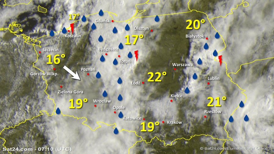 Zdjęcie satelitarne Polski w dniu 3 lipca 2020 o godzinie 9:10. Dane: Sat24.com / Eumetsat.