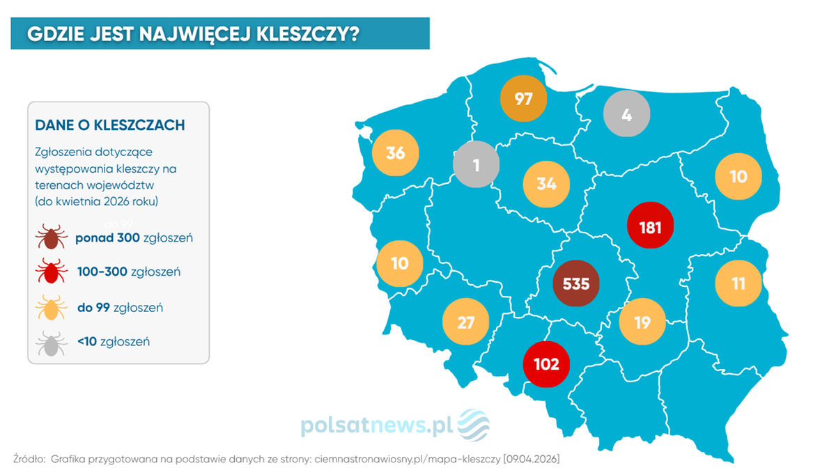 Mapa kleszczy w Polsce według danych z kwietnia 2026 roku