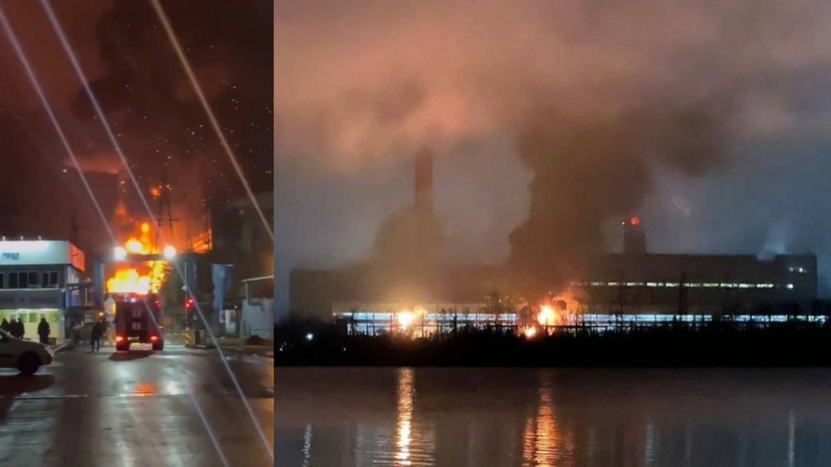 Płonąca elektrociepłownia w obwodzie moskiewskim po ataku dronowym, z widocznym dymem i płomieniami.