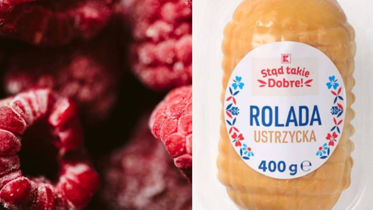Zbliżenie na mrożone maliny obok opakowania produktu "Rolada Ustrzycka"