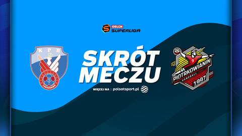 Grafika z logo KPR Legionowo po lewej i logo Piotrkowianin Piotrk&oacute;w po prawej stronie, pośrodku napis "SKR&Oacute;T MECZU" i "SUPERLIGA". W dolnym rogu widnieje logo Polsat Sport.