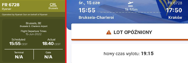 Po lewej planowana i ostateczna godzina odlotu z Brukseli, a po lewej wiadomość, jaką pasażerom przekazał Ryanair