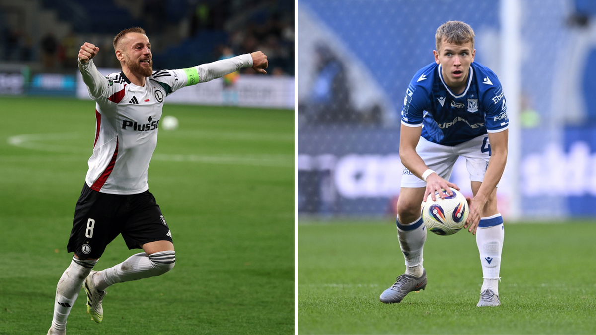 Dwóch piłkarzy w akcji na boisku. Po lewej stronie jest zawodnik w białej koszulce z czarnymi elementami i numerem 8, świętujący gola. Po prawej stronie jest młody zawodnik w niebieskiej koszulce z białymi detalami i numerem 4, trzymający piłkę.