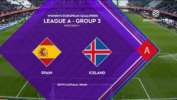 Grafika informacyjna z flagami Hiszpanii i Islandii oraz informacją o meczu eliminacji Mistrzostw Europy Kobiet.