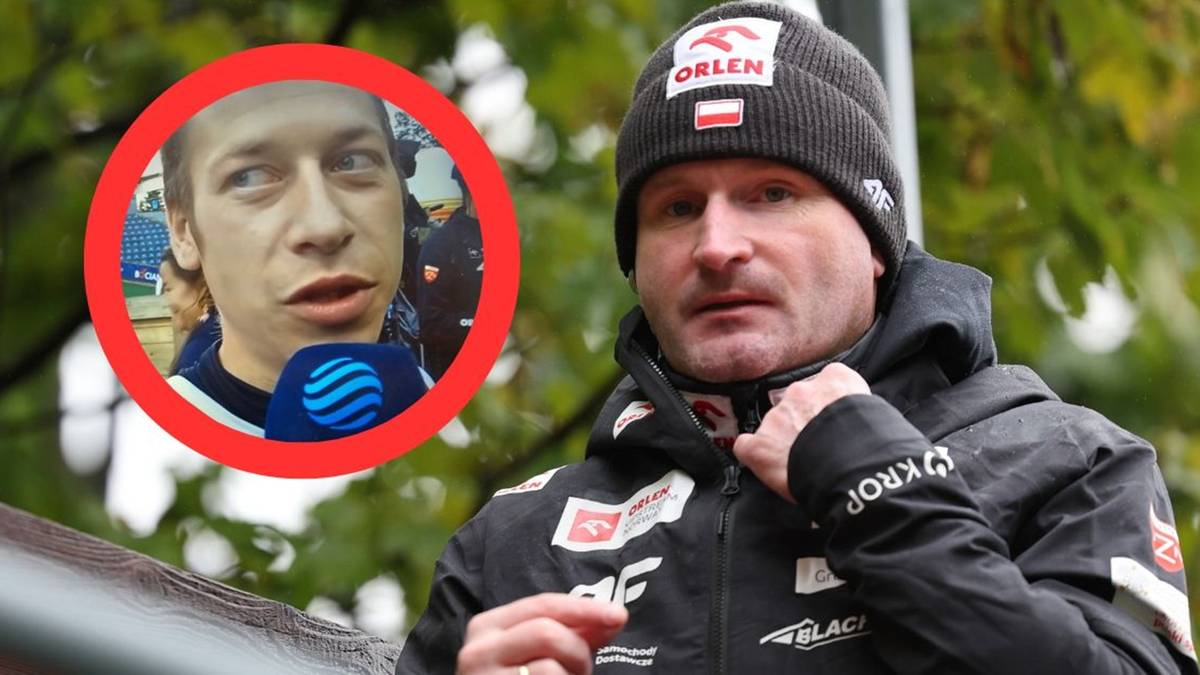 Kamil Stoch w czapce PZN i młody skoczek narciarski w czerwonym okręgu