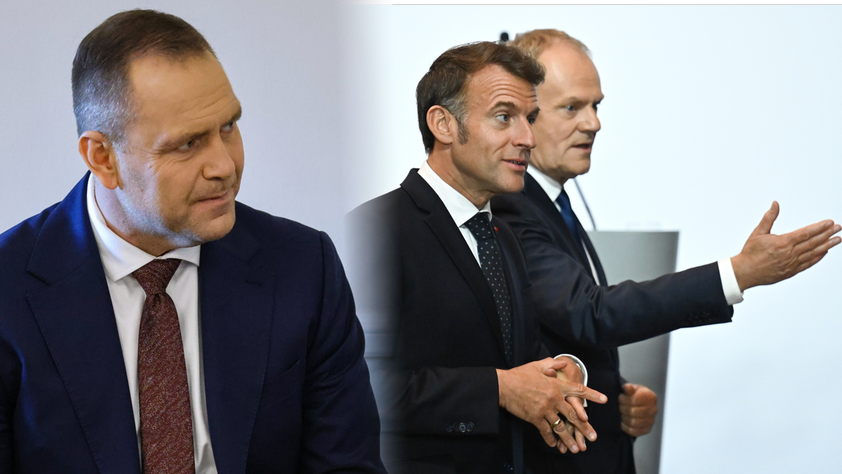 Fragmentaryczne ujęcia przedstawiające polityk&oacute;w: po lewej stronie polityk w garniturze, po prawej Emmanuel Macron i Donald Tusk.