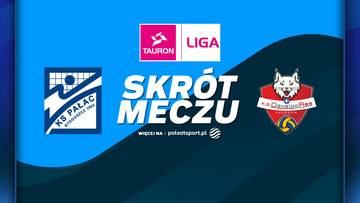 Grafika z logo "Metalkas Pałac Bydgoszcz" po lewej stronie i logo "Developres Rzeszów" po prawej stronie na niebieskim tle. Pośrodku napis "SKRÓT MECZU".