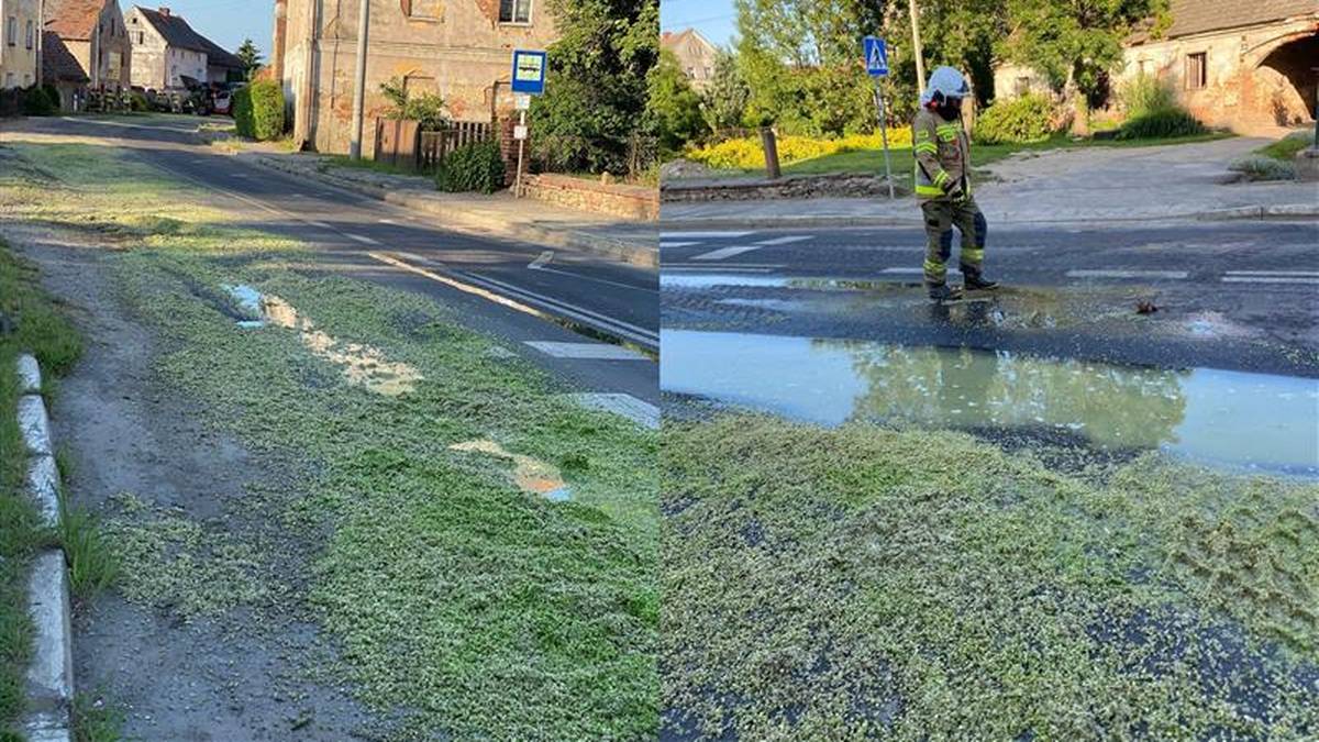Nietypowa interwencja straży pożarnej. Tony groszku na ulicy