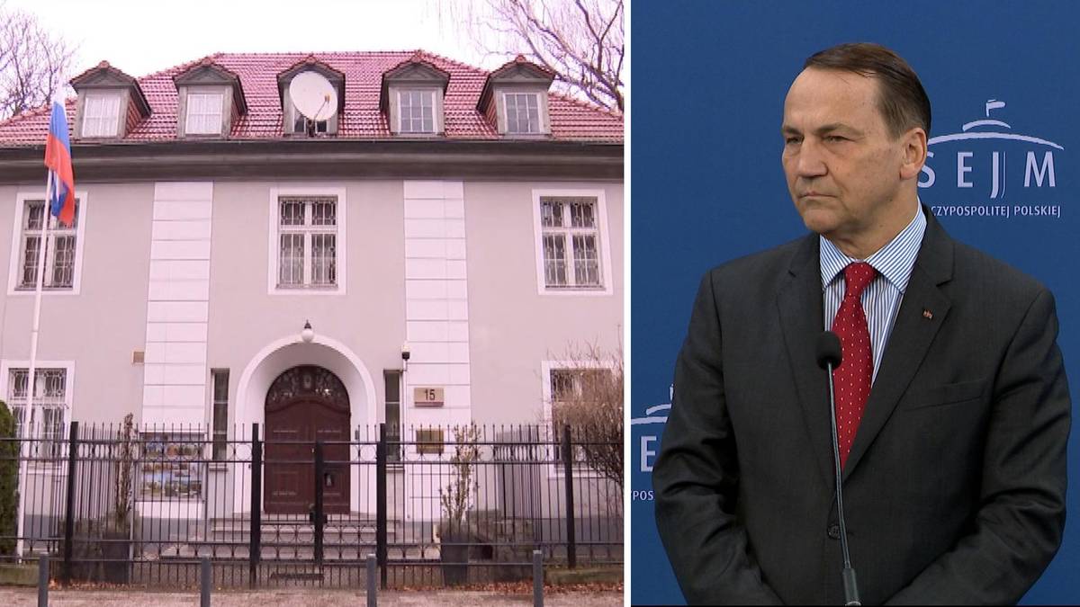 Budynek konsulatu Rosji w Polsce oraz minister spraw zagranicznych Radosław Sikorski.