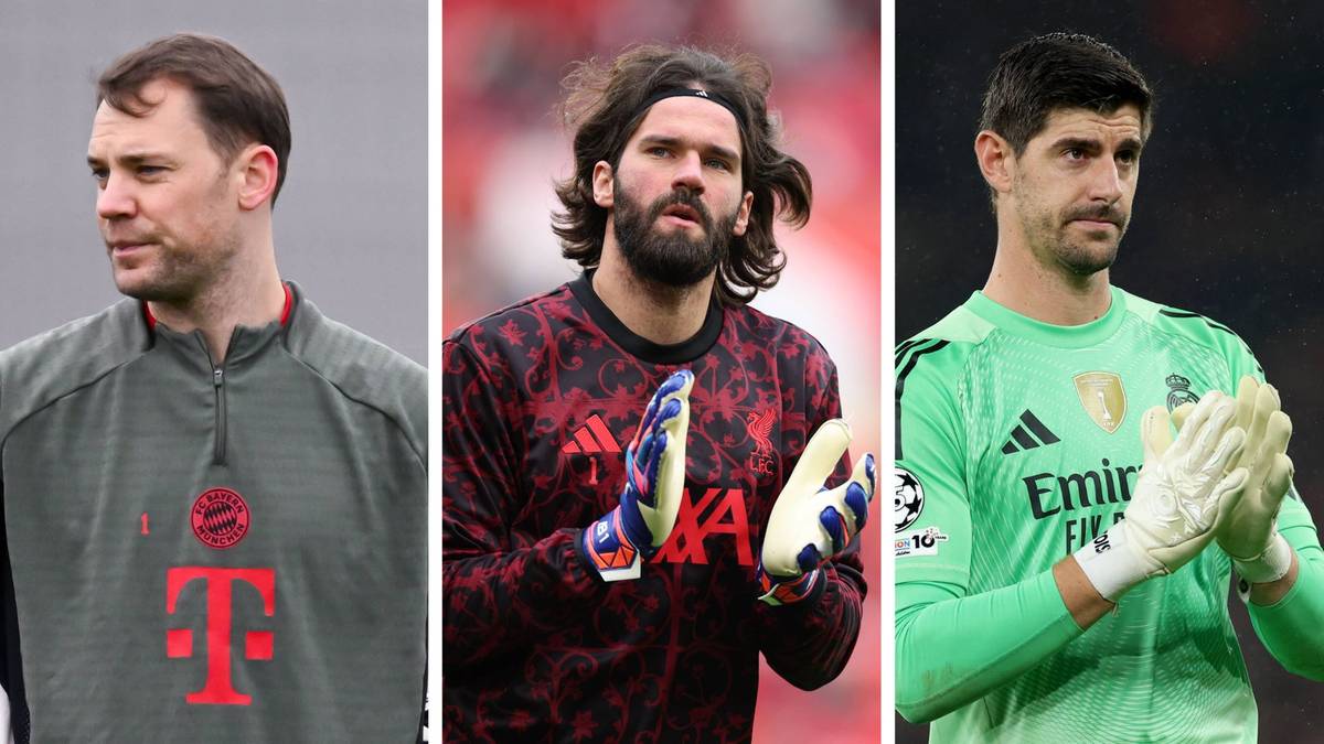 Trzech bramkarzy piłkarskich w zbliżeniu: Manuel Neuer po lewej w szarej bluzie treningowej, Alisson Becker w środku w czerwono-czarnej bluzie i rękawicach bramkarskich, Thibaut Courtois po prawej w zielonej bluzie i białych rękawicach.